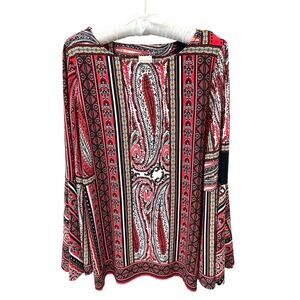CHICO’S Red Paisley Boho Top Bell Sleeve Stretch Tunic Blouse | Size 2 Large